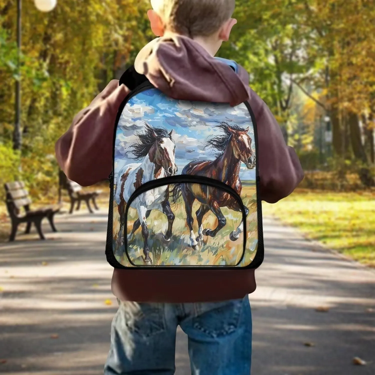 12 Inch School Bag for Girls Boys Prancing Horses Bookbag for School Oil Painting Backpack with Shoulder Straps Portable Travel Daypack with Handle Trendy Laptop Backpack
