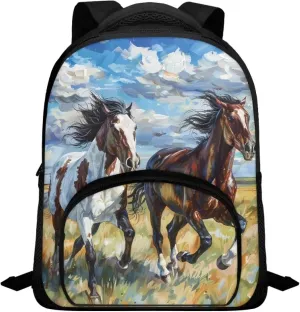 12 Inch School Bag for Girls Boys Prancing Horses Bookbag for School Oil Painting Backpack with Shoulder Straps Portable Travel Daypack with Handle Trendy Laptop Backpack