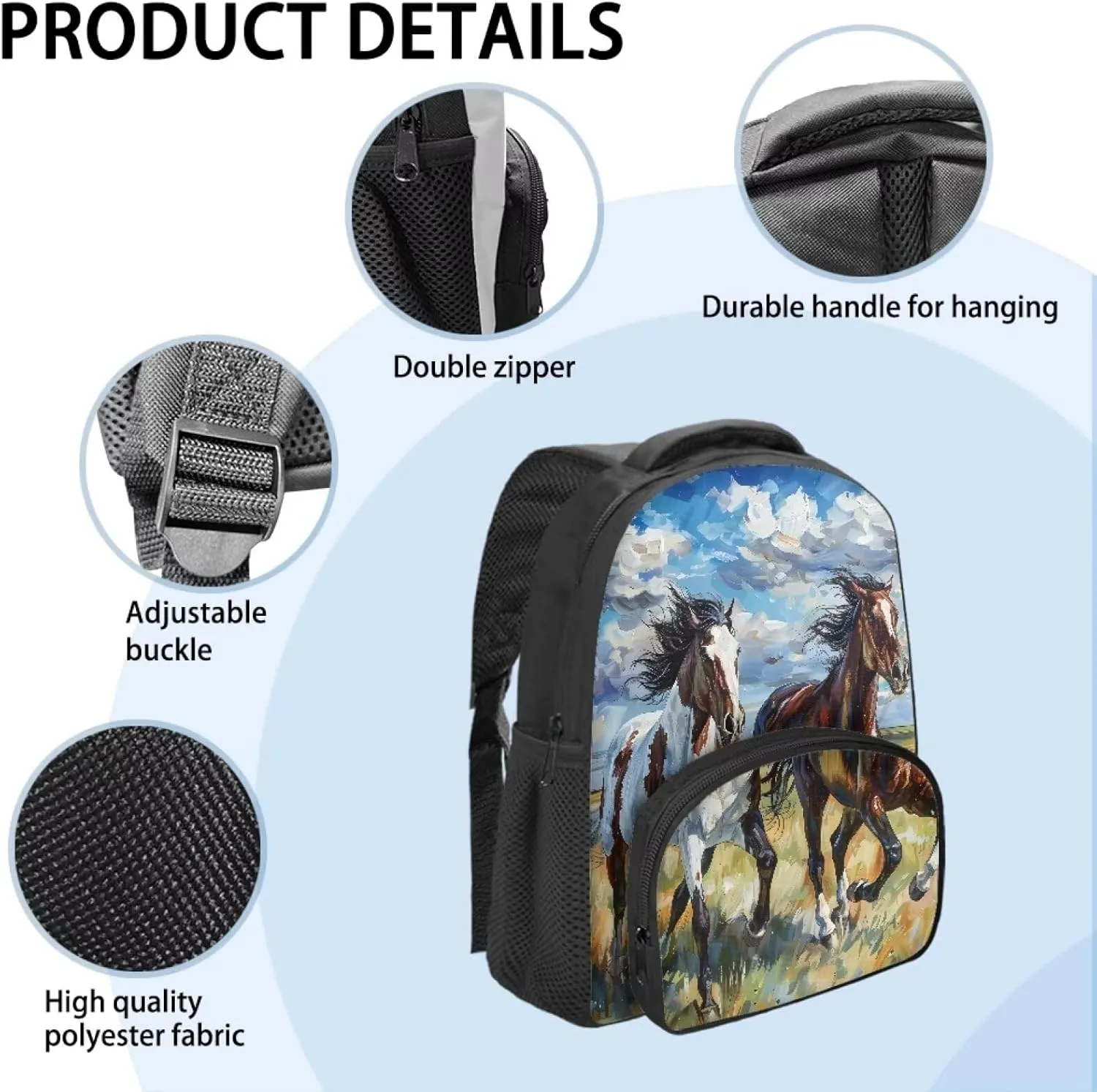 12 Inch School Bag for Girls Boys Prancing Horses Bookbag for School Oil Painting Backpack with Shoulder Straps Portable Travel Daypack with Handle Trendy Laptop Backpack