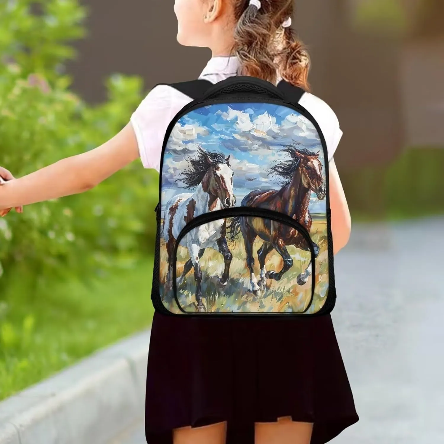 12 Inch School Bag for Girls Boys Prancing Horses Bookbag for School Oil Painting Backpack with Shoulder Straps Portable Travel Daypack with Handle Trendy Laptop Backpack