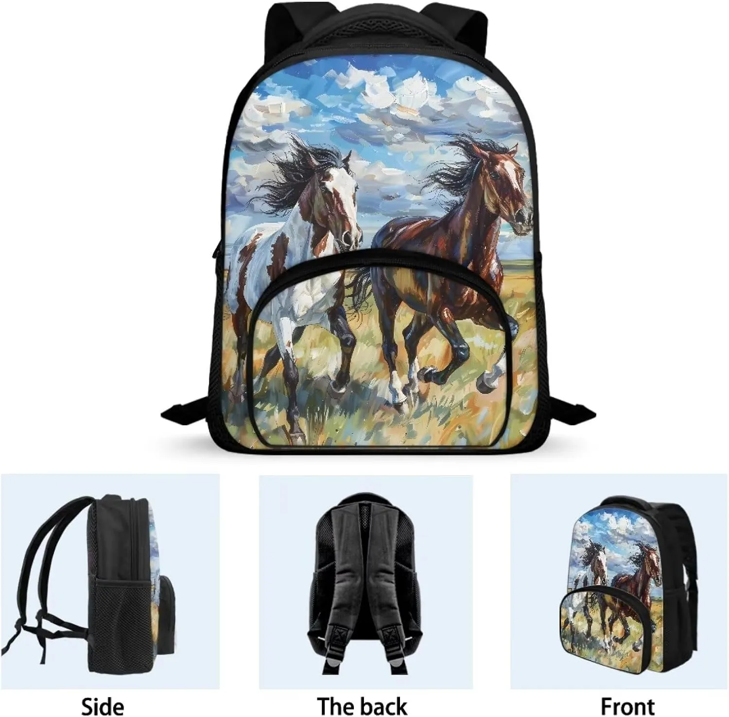 12 Inch School Bag for Girls Boys Prancing Horses Bookbag for School Oil Painting Backpack with Shoulder Straps Portable Travel Daypack with Handle Trendy Laptop Backpack