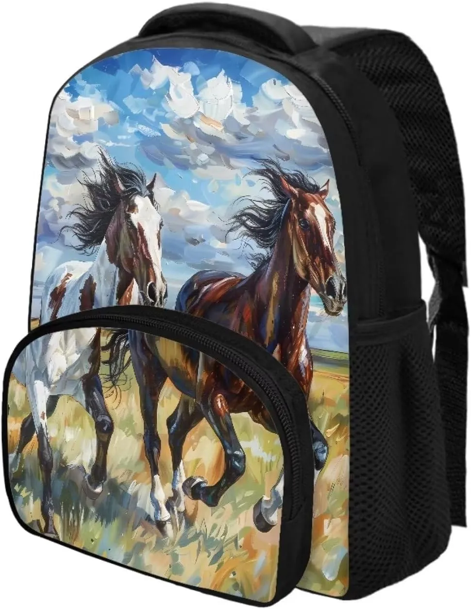 12 Inch School Bag for Girls Boys Prancing Horses Bookbag for School Oil Painting Backpack with Shoulder Straps Portable Travel Daypack with Handle Trendy Laptop Backpack