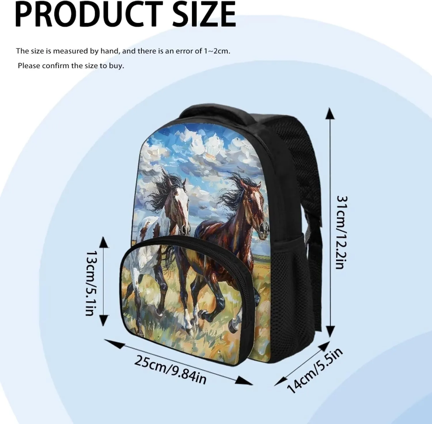 12 Inch School Bag for Girls Boys Prancing Horses Bookbag for School Oil Painting Backpack with Shoulder Straps Portable Travel Daypack with Handle Trendy Laptop Backpack