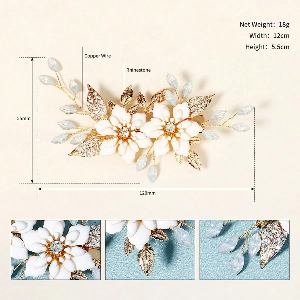 1pc Elegant Women's Hair Clip With Oil Drop Flower, Rhinestone, Alloy Leaf Decoration For Wedding And Party, Beautiful Hair Accessory