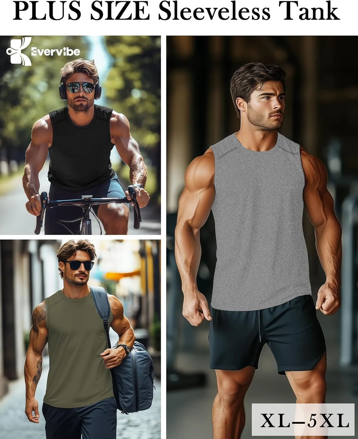 3 Pack Men's Big and Tall Tank Tops, Crewneck Sleeveless Tee Shirts Cotton Workout Swim Running Gym Muscle Shirts