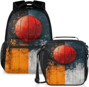 Abstract Basketball Lunch Backpack Orange Yellow Laptop Backpacks Set with Insulated Cooler Lunch Box Leak Proof Lunch Bag for Women Men Work Travel Camping Daypack