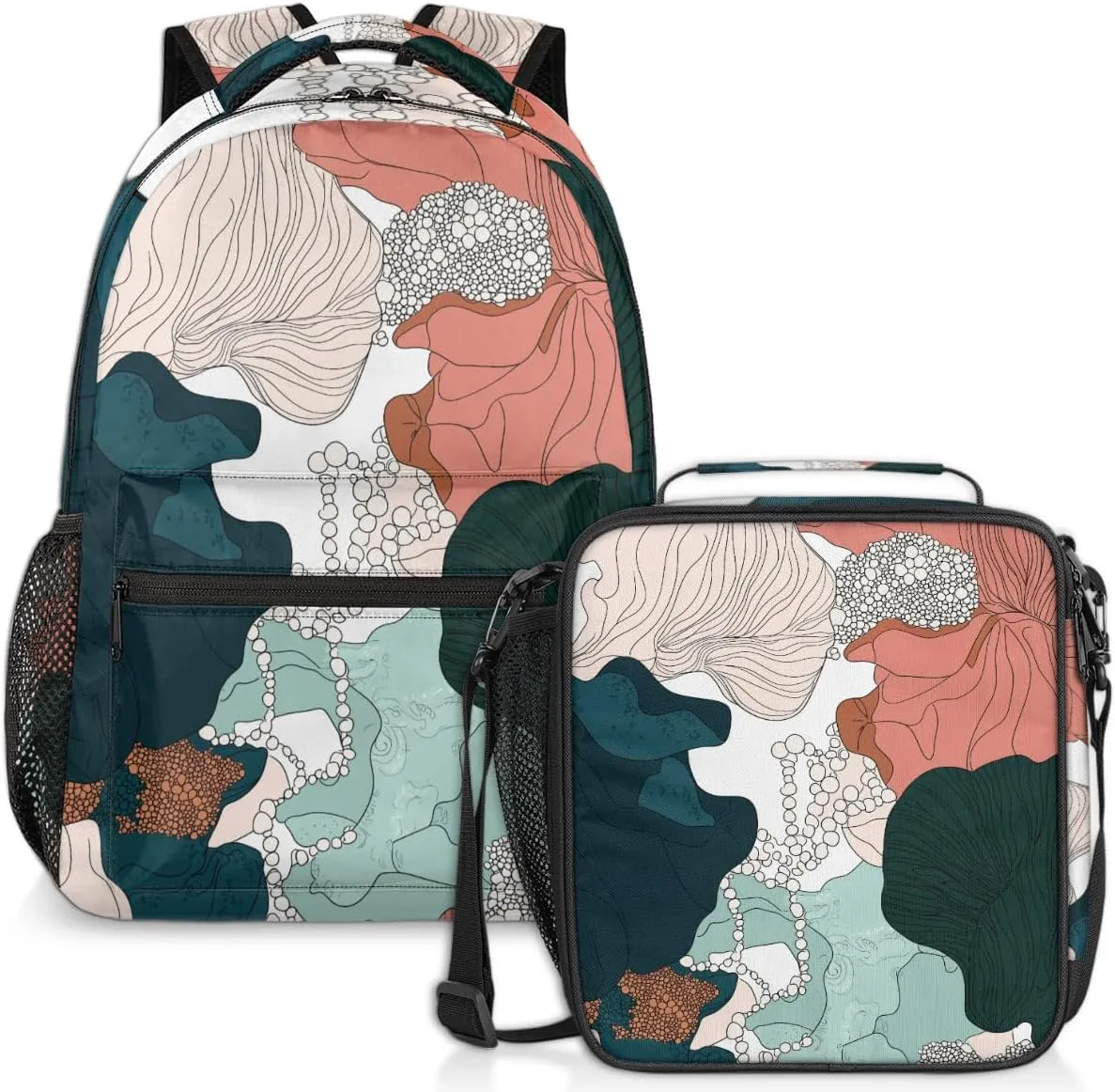 Abstract Coral Lunch Backpack Sea Flower Laptop Backpacks Set with Insulated Cooler Lunch Box Leak Proof Lunch Bag for Women Men Work Camping Travel Daypack