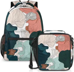Abstract Coral Lunch Backpack Sea Flower Laptop Backpacks Set with Insulated Cooler Lunch Box Leak Proof Lunch Bag for Women Men Work Camping Travel Daypack