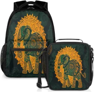 Abstract Elephant Lunch Backpack Golden Mandala Laptop Backpacks Set with Insulated Cooler Lunch Box Leak Proof Lunch Bag for Women Men Work Camping Travel Daypack