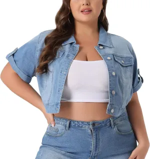 Agnes Orinda Plus Size Short Sleeve Denim Jackets for Women Button Washed Cropped Jean Jacket