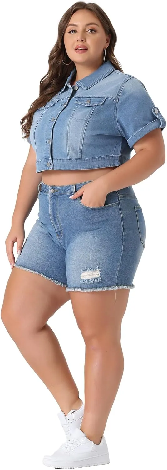Agnes Orinda Plus Size Short Sleeve Denim Jackets for Women Button Washed Cropped Jean Jacket