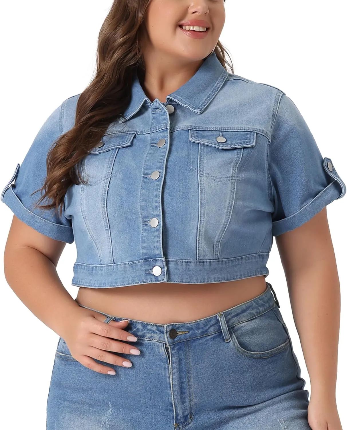 Agnes Orinda Plus Size Short Sleeve Denim Jackets for Women Button Washed Cropped Jean Jacket