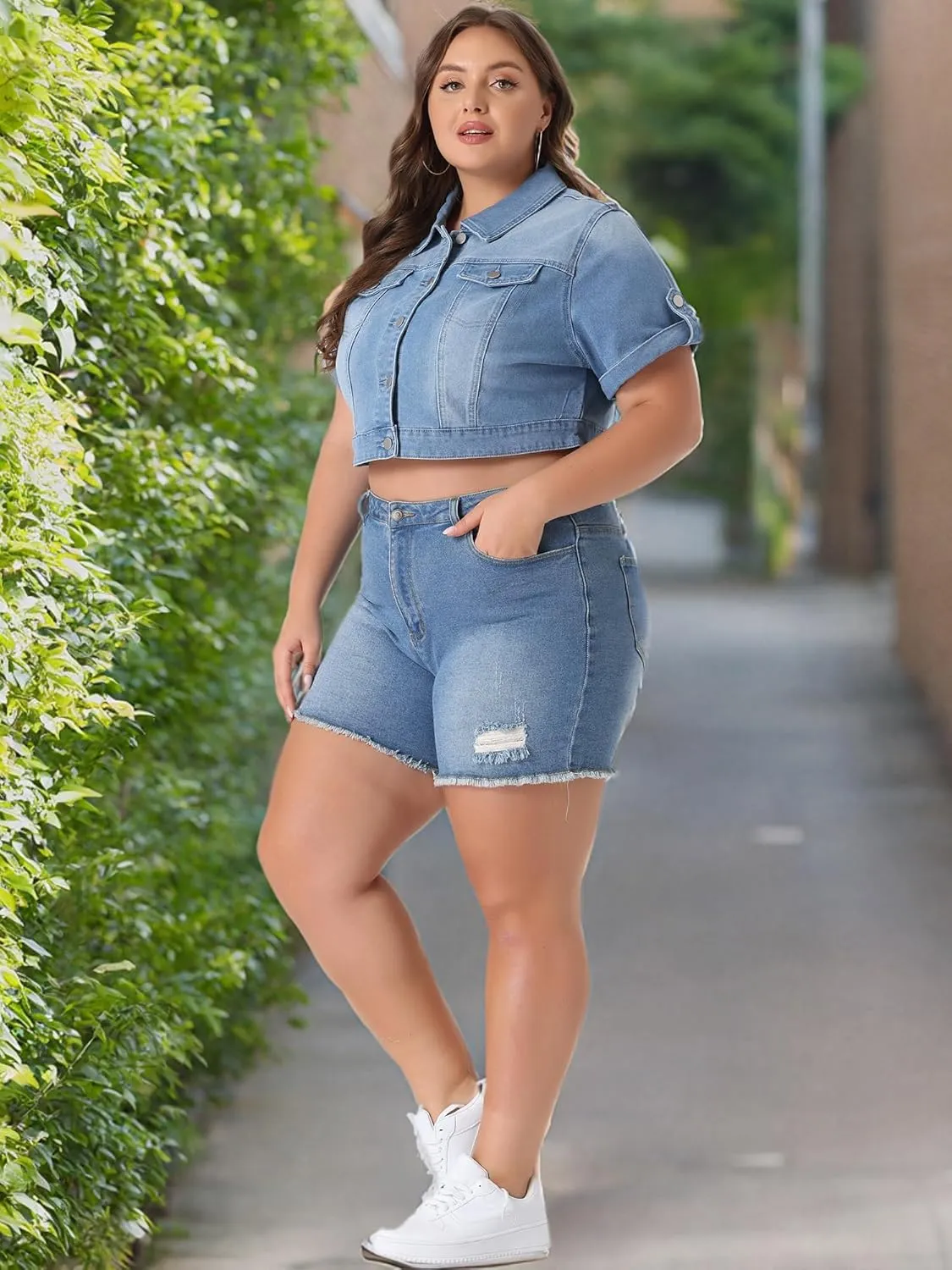 Agnes Orinda Plus Size Short Sleeve Denim Jackets for Women Button Washed Cropped Jean Jacket