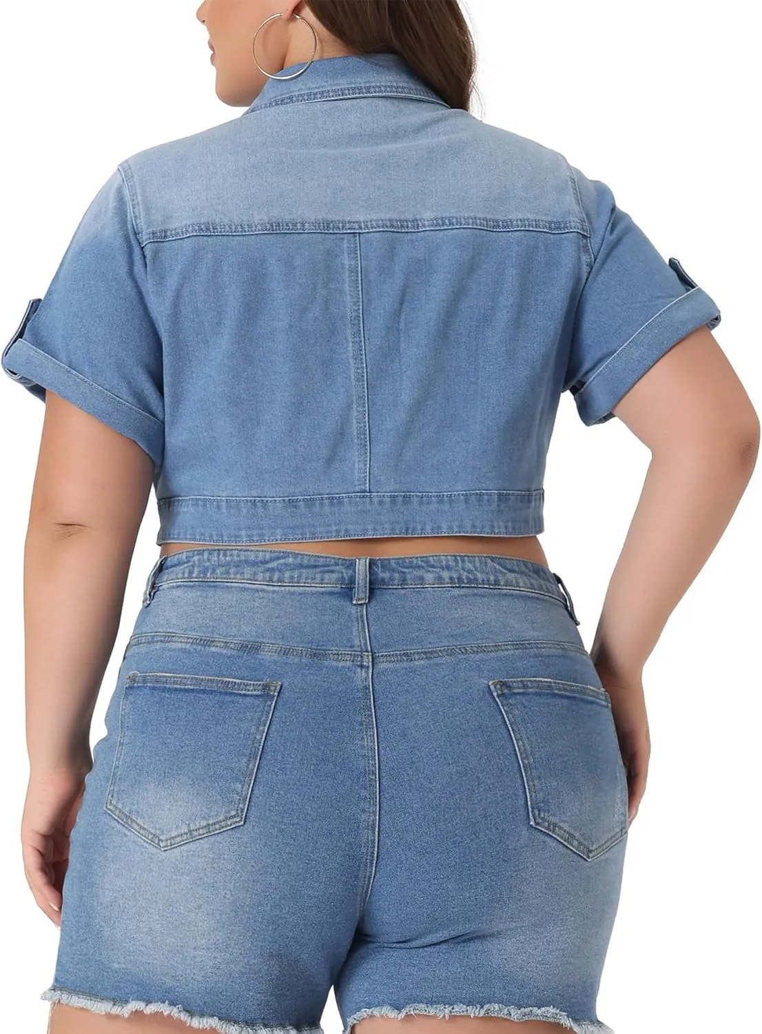 Agnes Orinda Plus Size Short Sleeve Denim Jackets for Women Button Washed Cropped Jean Jacket