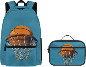 Agoviwo Basketball Pattern Kids Backpack with Lunch Box Cute Backpack Casual Bookbag for Grades 1-3