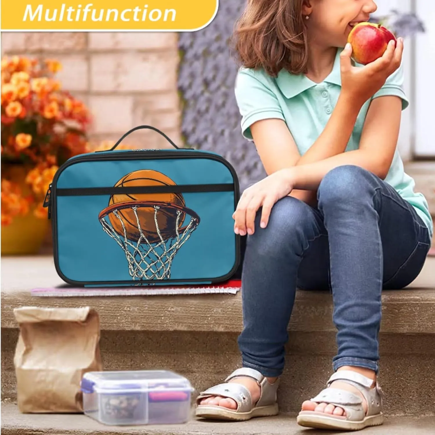 Agoviwo Basketball Pattern Kids Backpack with Lunch Box Cute Backpack Casual Bookbag for Grades 1-3
