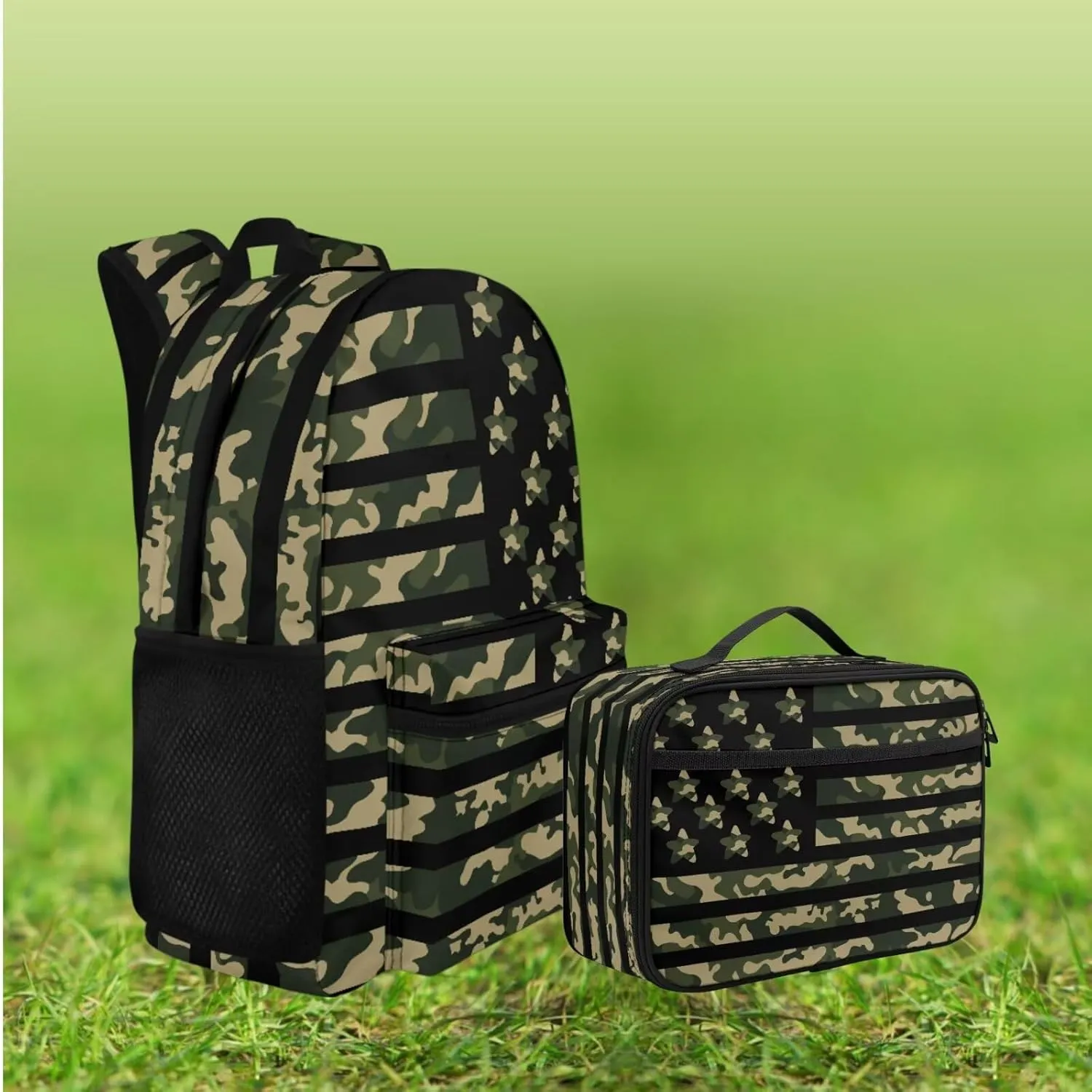 Agoviwo Camo Print Boys Backpack with Lunch Bag Soft Casual Book Bag Lightweight Backpack for Grades 1-3