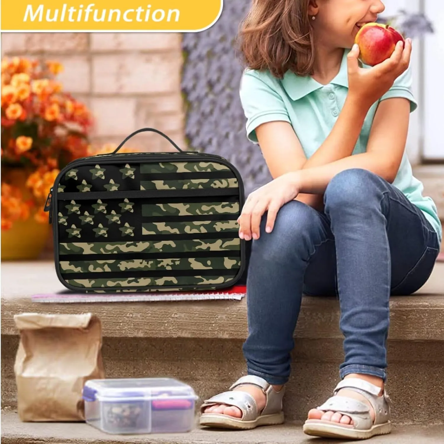 Agoviwo Camo Print Boys Backpack with Lunch Bag Soft Casual Book Bag Lightweight Backpack for Grades 1-3