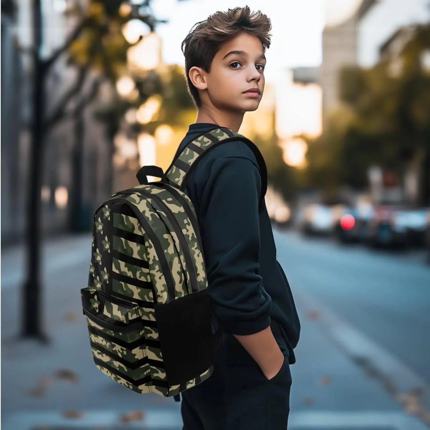 Agoviwo Camo Print Boys Backpack with Lunch Bag Soft Casual Book Bag Lightweight Backpack for Grades 1-3