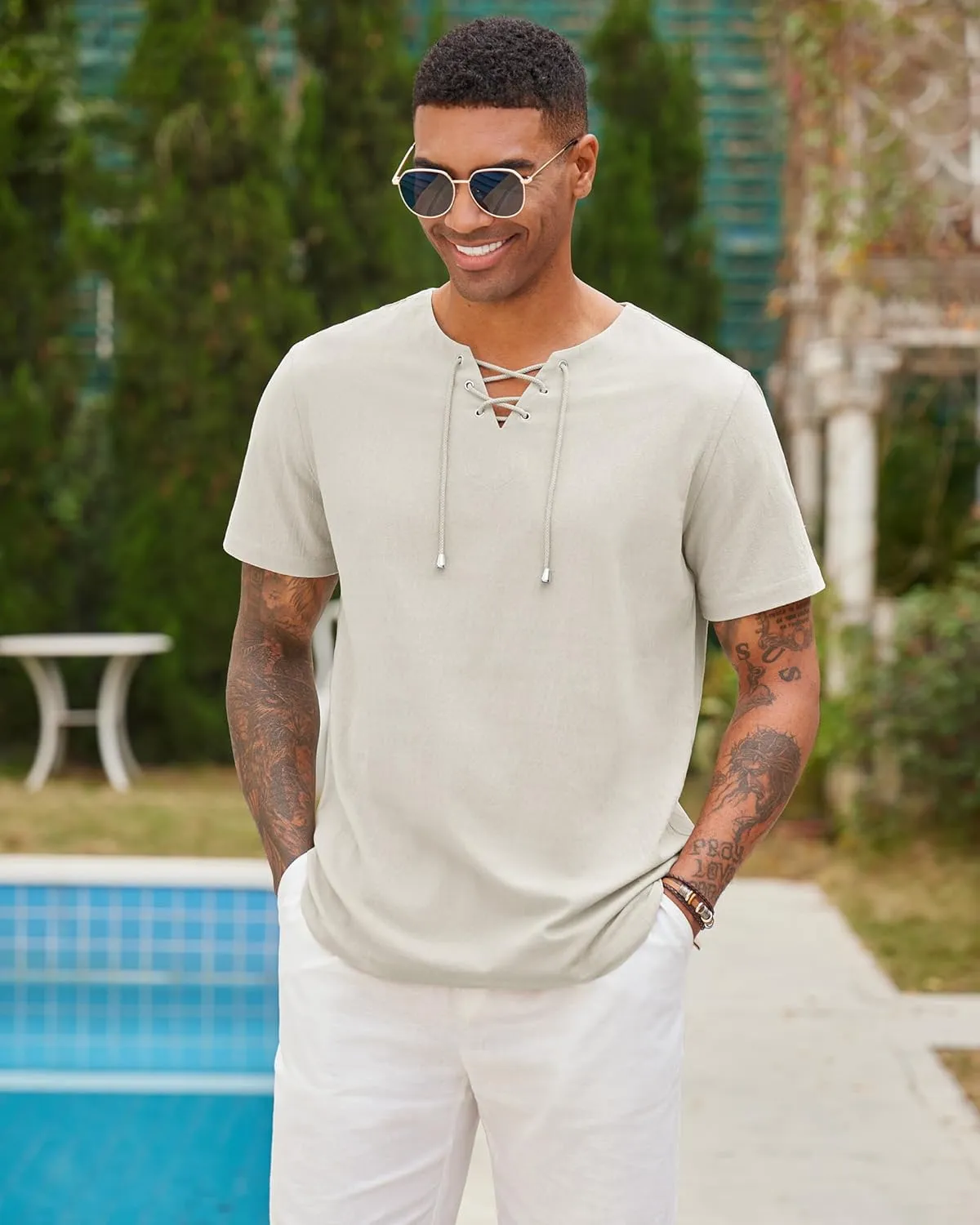 Alimens & Gentle Mens Cotton Linen Shirts Short Sleeve Casual Hippie Summer Shirts Beach Lace Up Hawaiian Camp Shirt
