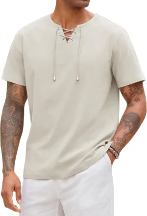 Alimens & Gentle Mens Cotton Linen Shirts Short Sleeve Casual Hippie Summer Shirts Beach Lace Up Hawaiian Camp Shirt