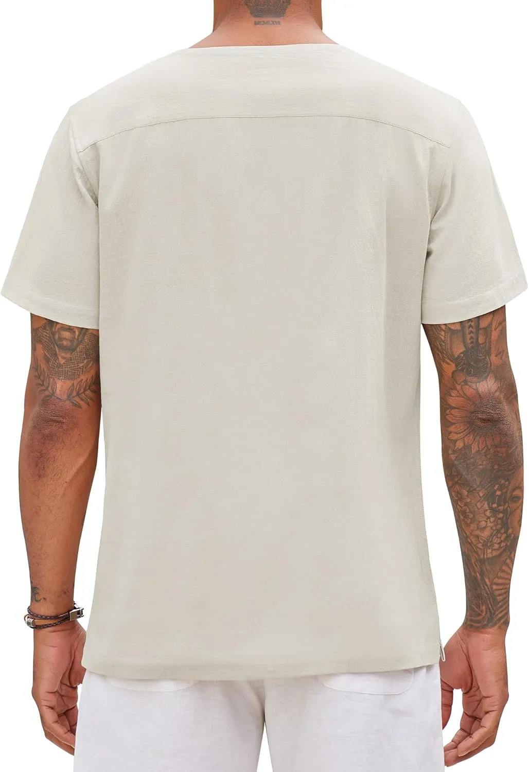 Alimens & Gentle Mens Cotton Linen Shirts Short Sleeve Casual Hippie Summer Shirts Beach Lace Up Hawaiian Camp Shirt