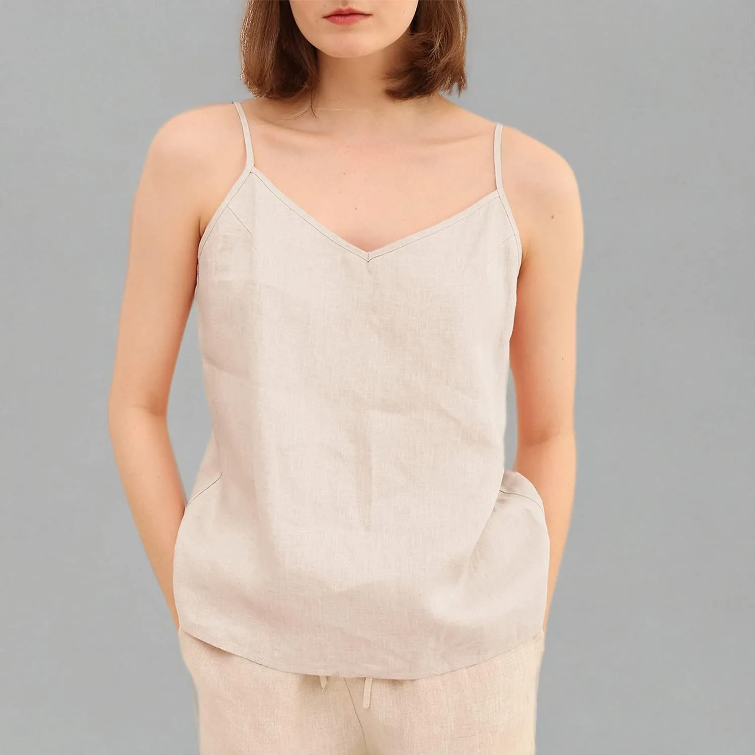Amazhiyu Women's 100% Linen Camisole Tank Top V-Neck Loose Casual Cami Tops