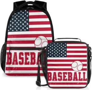 American Flag Lunch Backpack Red Baseball Laptop Backpacks Set with Insulated Cooler Lunch Box Leak Proof Lunch Bag for Women Men Work Travel Camping Daypack