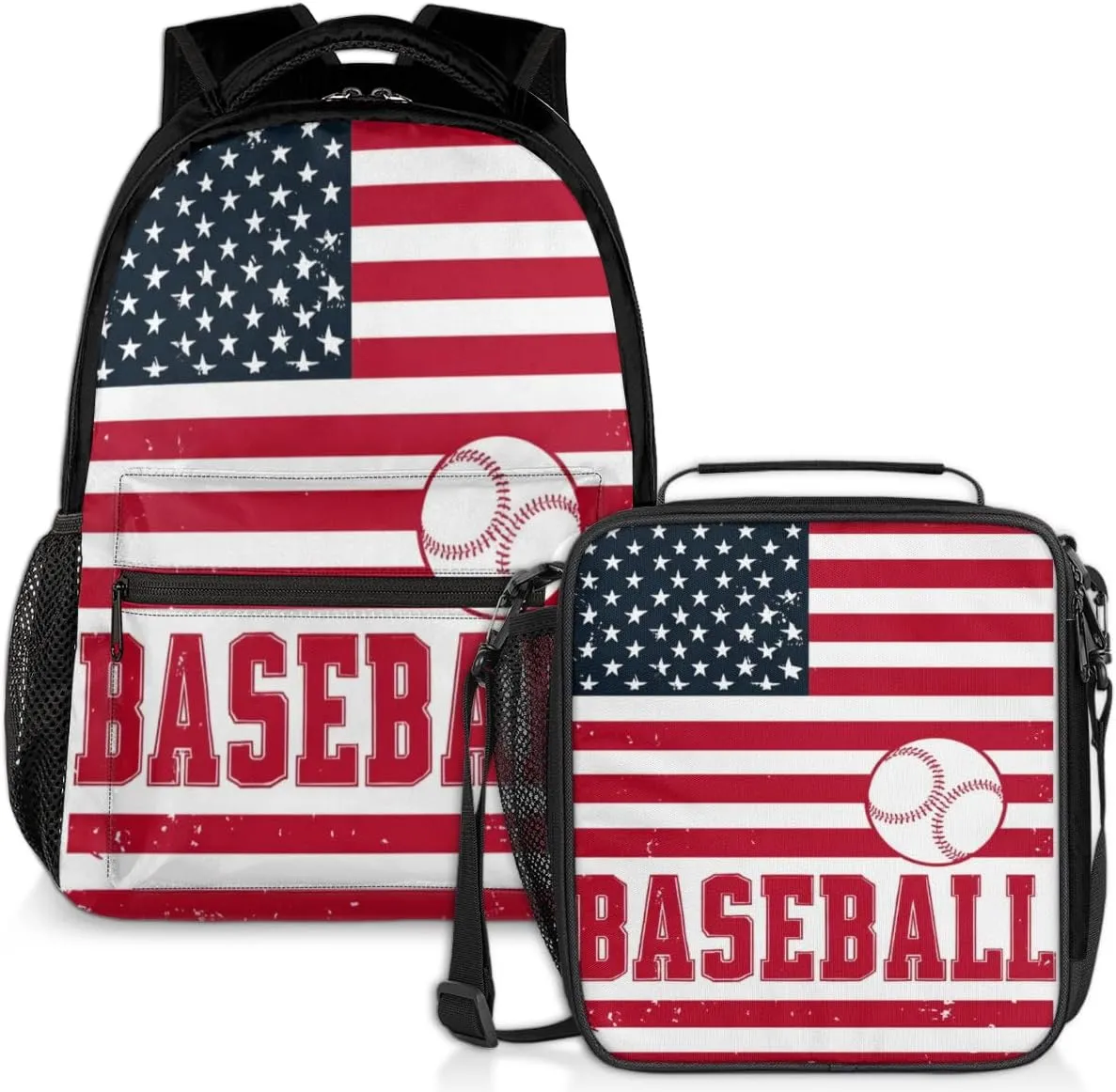 American Flag Lunch Backpack Red Baseball Laptop Backpacks Set with Insulated Cooler Lunch Box Leak Proof Lunch Bag for Women Men Work Travel Camping Daypack