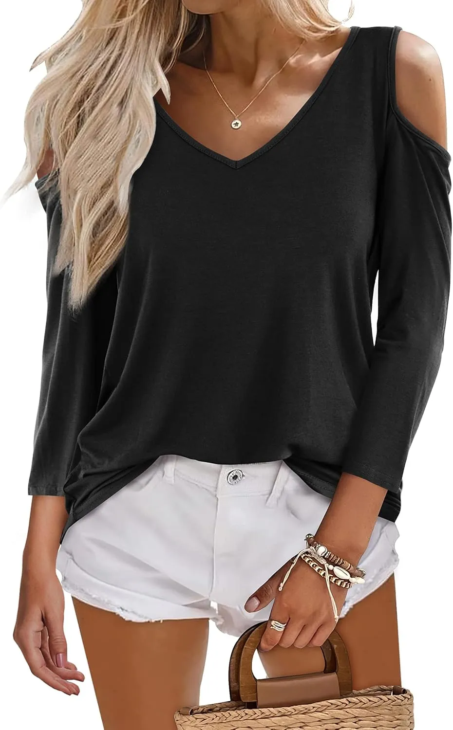 Amoretu Women's Long Sleeve Shirts Cold Shoulder Tops V Neck Blouse Tunic Shirts