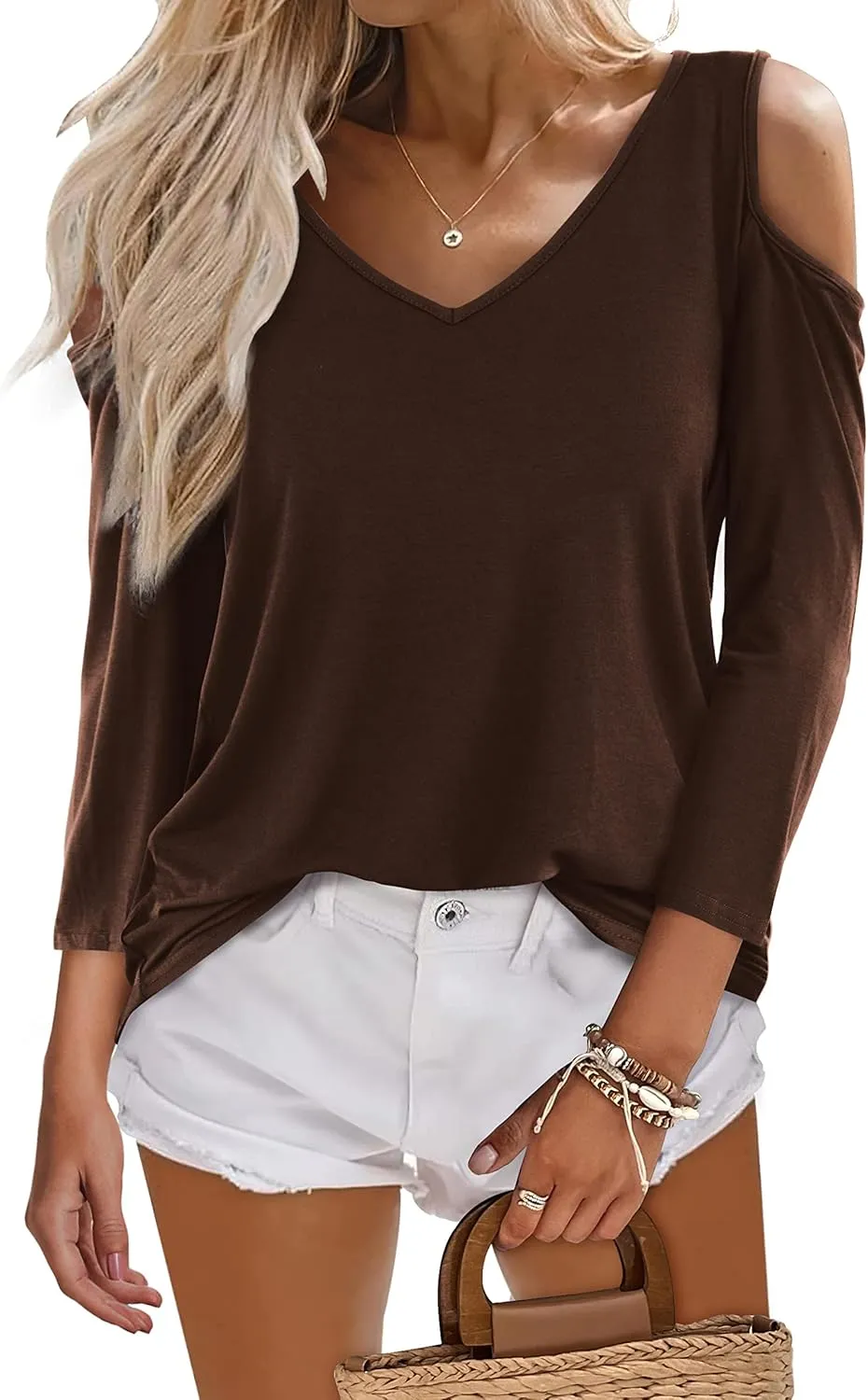 Amoretu Women's Long Sleeve Shirts Cold Shoulder Tops V Neck Blouse Tunic Shirts