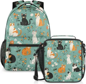 Animal Cats Lunch Backpack Flowers Floral Laptop Backpacks Set with Insulated Cooler Lunch Box Leak Proof Lunch Bag for Women Men Work Camping Travel Daypack