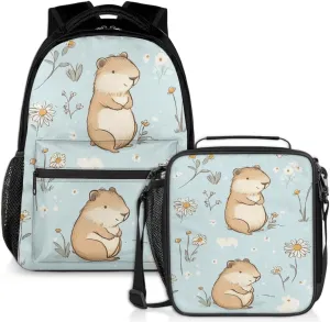Animal Hamster Lunch Backpack Flower Daisy Laptop Backpacks Set with Insulated Cooler Lunch Box Leak Proof Lunch Bag for Women Men Work Camping Travel Daypack