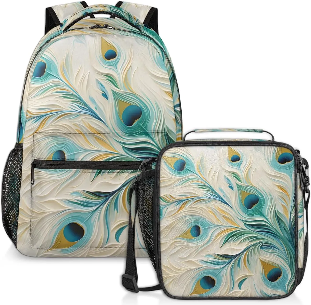 Animal Peacock Lunch Backpack Birds Feather Laptop Backpacks Set with Insulated Cooler Lunch Box Leak Proof Lunch Bag for Women Men Work Travel Camping Daypack