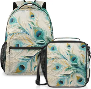 Animal Peacock Lunch Backpack Birds Feather Laptop Backpacks Set with Insulated Cooler Lunch Box Leak Proof Lunch Bag for Women Men Work Travel Camping Daypack