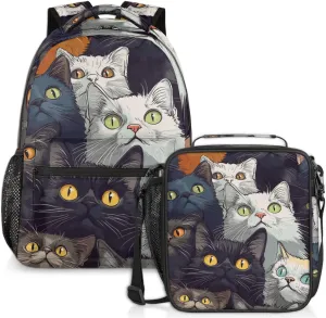 Animals Cats Lunch Backpack Colorful Kitten Laptop Backpacks Set with Insulated Cooler Lunch Box Leak Proof Lunch Bag for Women Men Work Camping Travel Daypack
