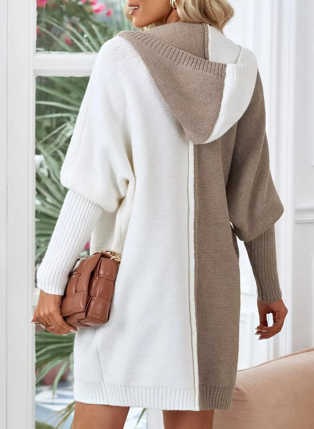 Astylish Women 2025 Open Front Long Sleeve Hooded Knit Cardigan Sweaters Color Block Outwear Coats