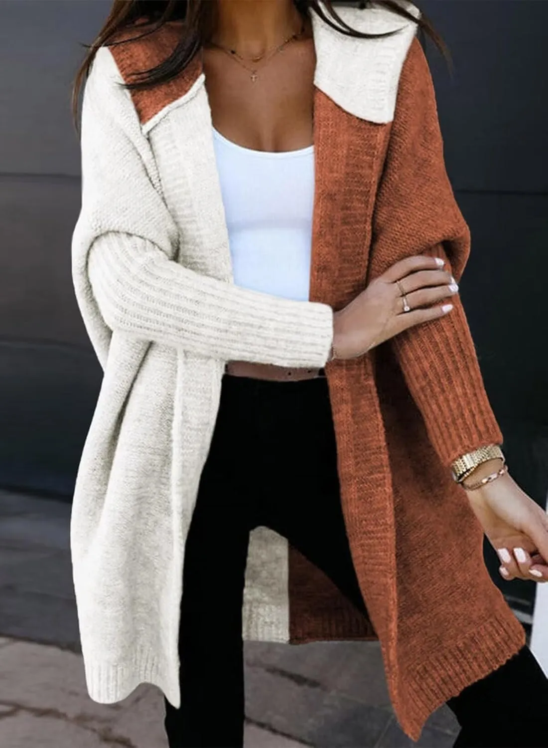 Astylish Women 2025 Open Front Long Sleeve Hooded Knit Cardigan Sweaters Color Block Outwear Coats