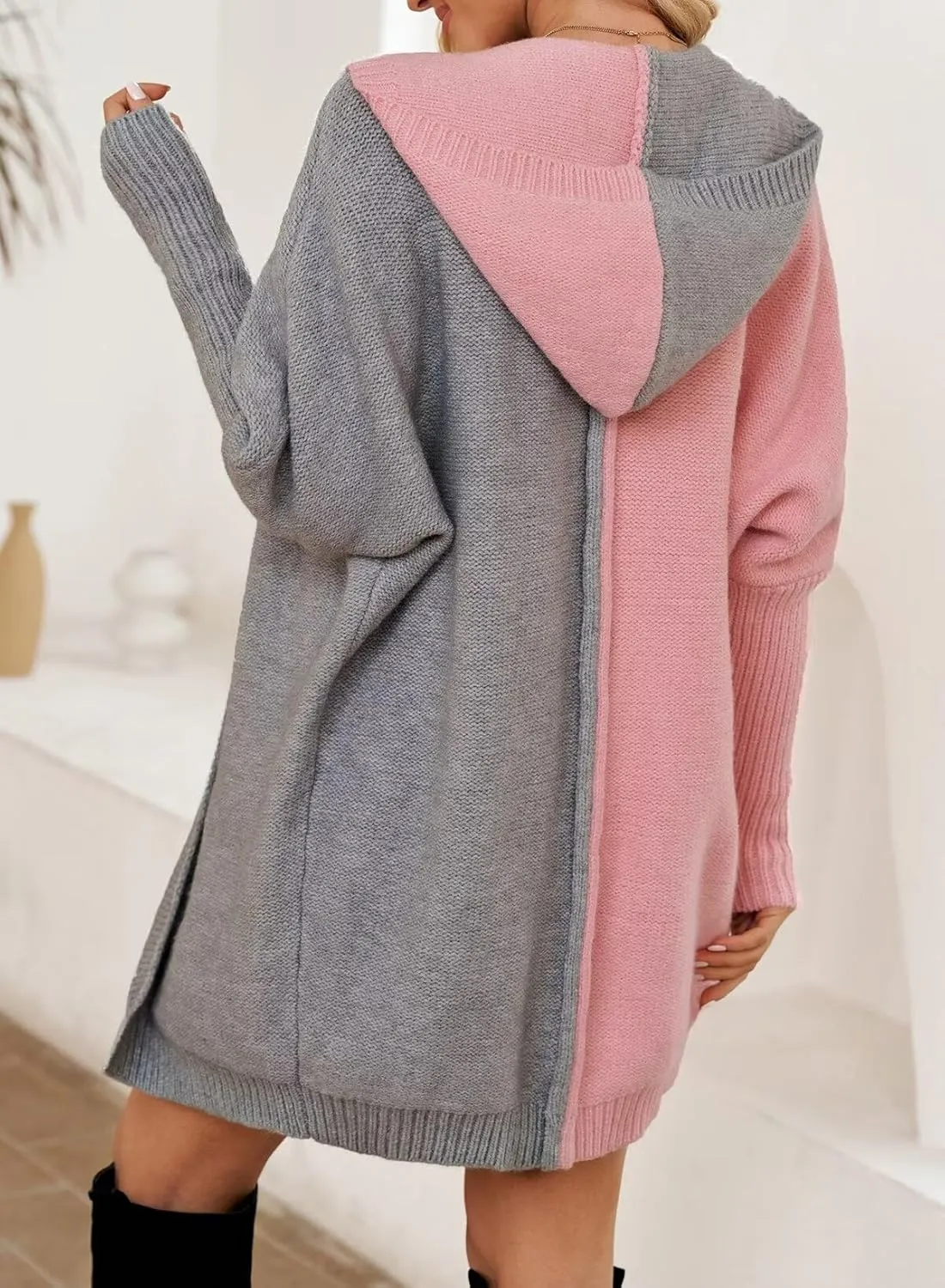 Astylish Women 2025 Open Front Long Sleeve Hooded Knit Cardigan Sweaters Color Block Outwear Coats