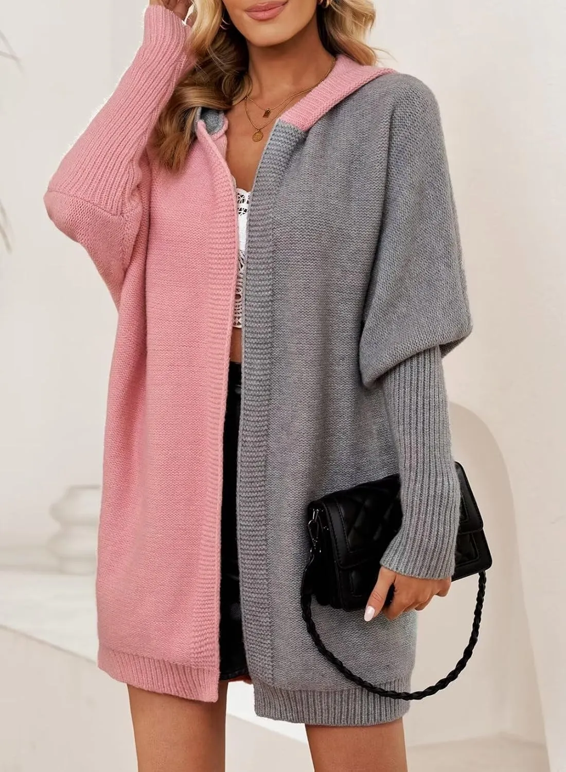 Astylish Women 2025 Open Front Long Sleeve Hooded Knit Cardigan Sweaters Color Block Outwear Coats