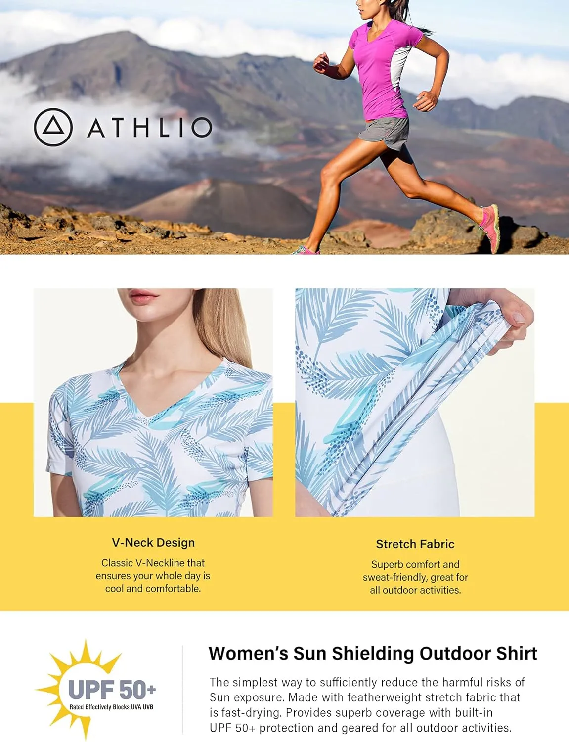 ATHLIO Women's V-Neck Rash Guard Swim Shirts, UPF 50  UV Protection Short Sleeve T-Shirts, Quick Dry Water Shirts