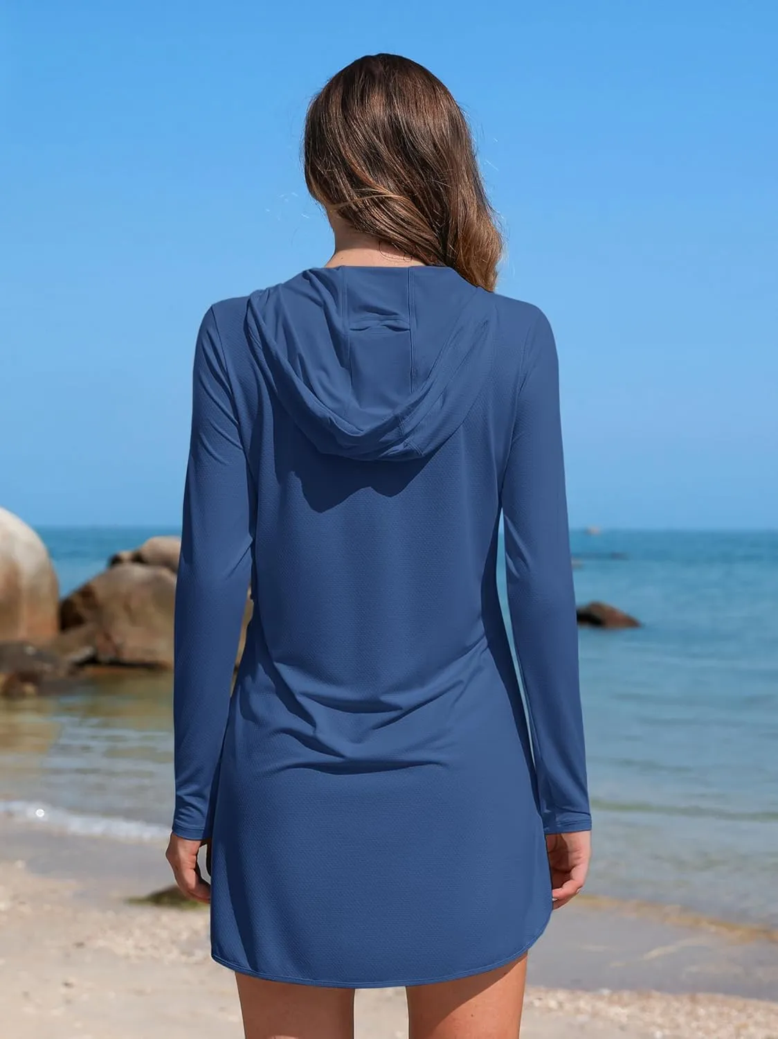 ATTRACO Womens Rash Guard Shirts Hooded Swim Shirts with Pockets Zipper Swimsuit Cover Up