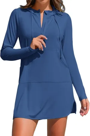 ATTRACO Womens Rash Guard Shirts Hooded Swim Shirts with Pockets Zipper Swimsuit Cover Up