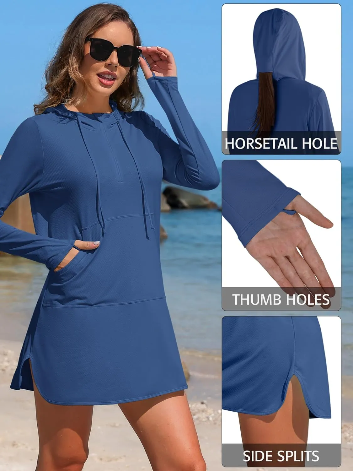 ATTRACO Womens Rash Guard Shirts Hooded Swim Shirts with Pockets Zipper Swimsuit Cover Up