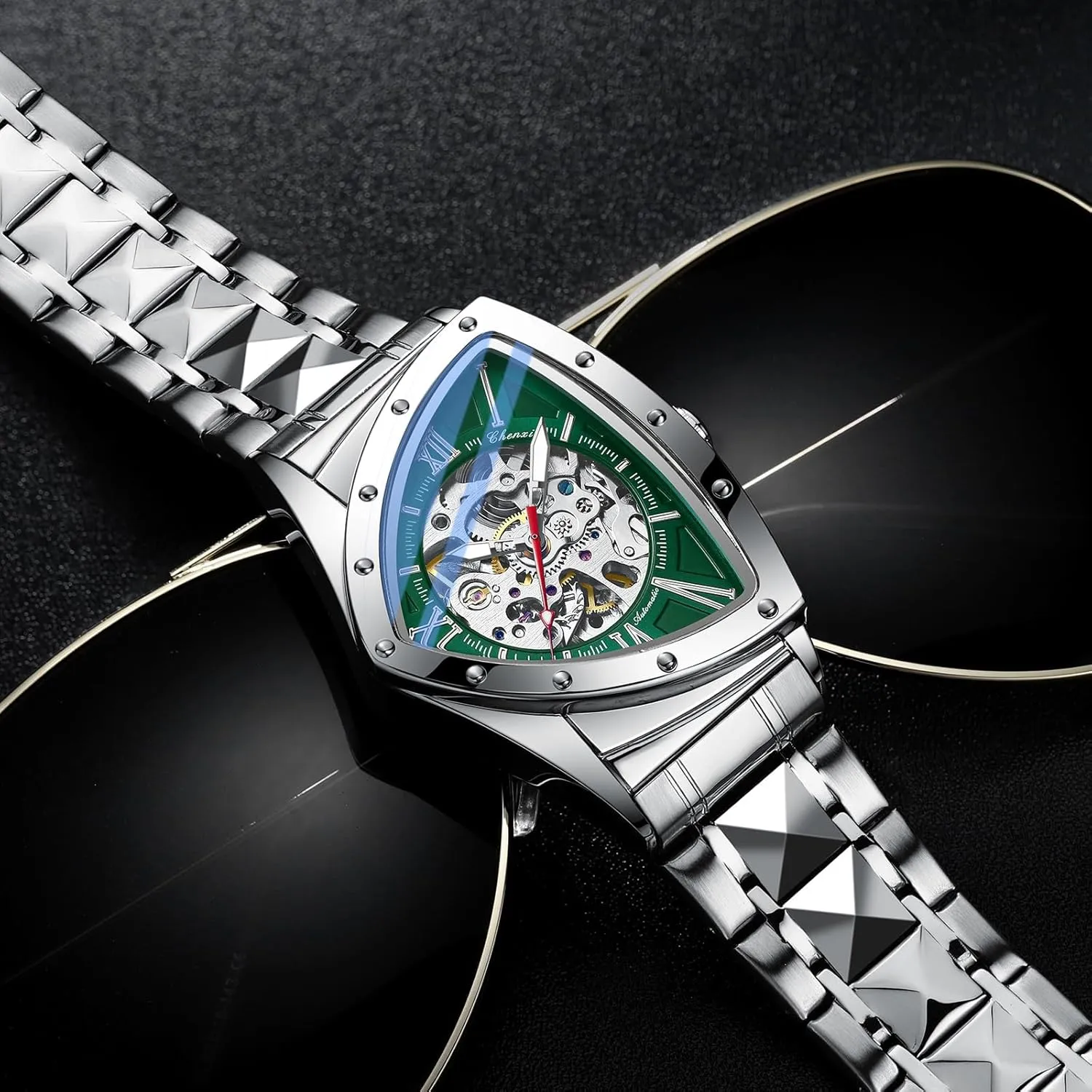 Automatic Triangle Mechanical Watches for Men Punk Rap Style Stainless Steel Luminous Life Waterproof Man Wrist Watch