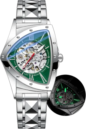 Automatic Triangle Mechanical Watches for Men Punk Rap Style Stainless Steel Luminous Life Waterproof Man Wrist Watch