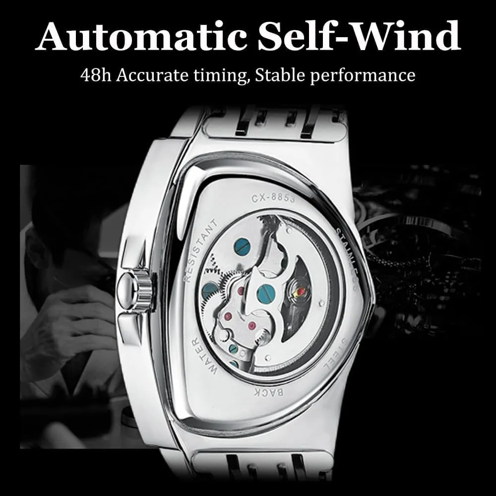 Automatic Triangle Mechanical Watches for Men Punk Rap Style Stainless Steel Luminous Life Waterproof Man Wrist Watch