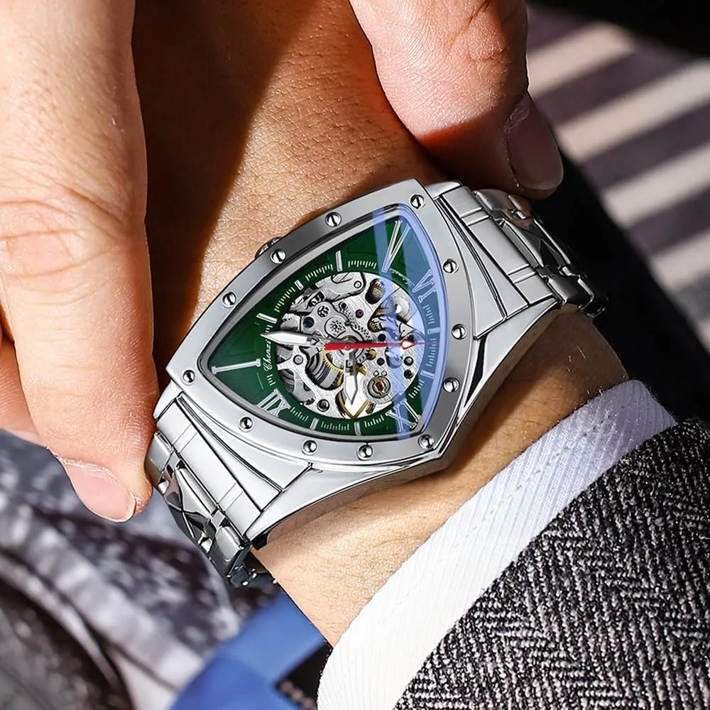 Automatic Triangle Mechanical Watches for Men Punk Rap Style Stainless Steel Luminous Life Waterproof Man Wrist Watch