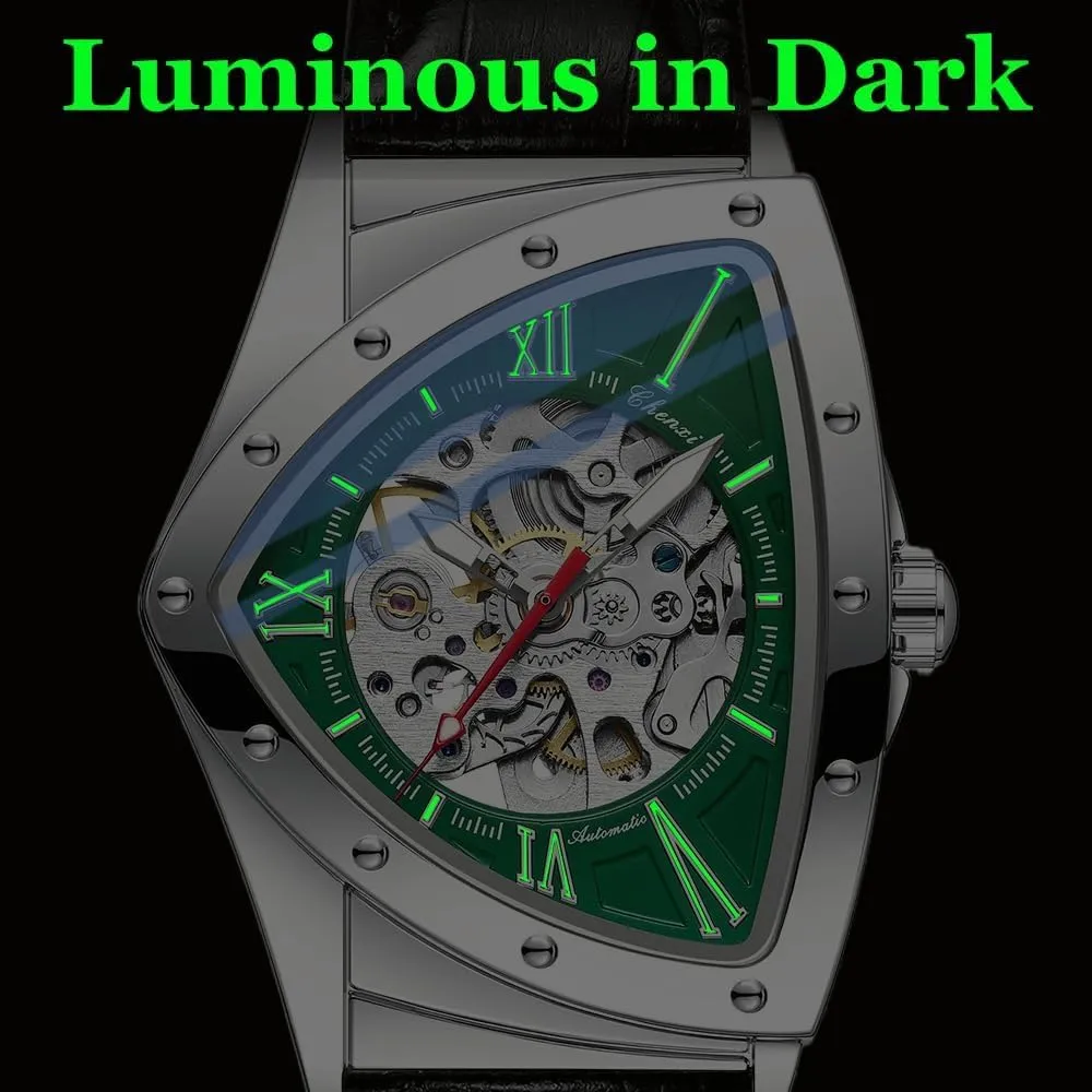 Automatic Triangle Mechanical Watches for Men Punk Rap Style Stainless Steel Luminous Life Waterproof Man Wrist Watch