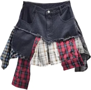 BAIMORE Women's Y2k High Waist Plaid Patchwork Asymmetrical Hem A Line Mini Denim Skirt